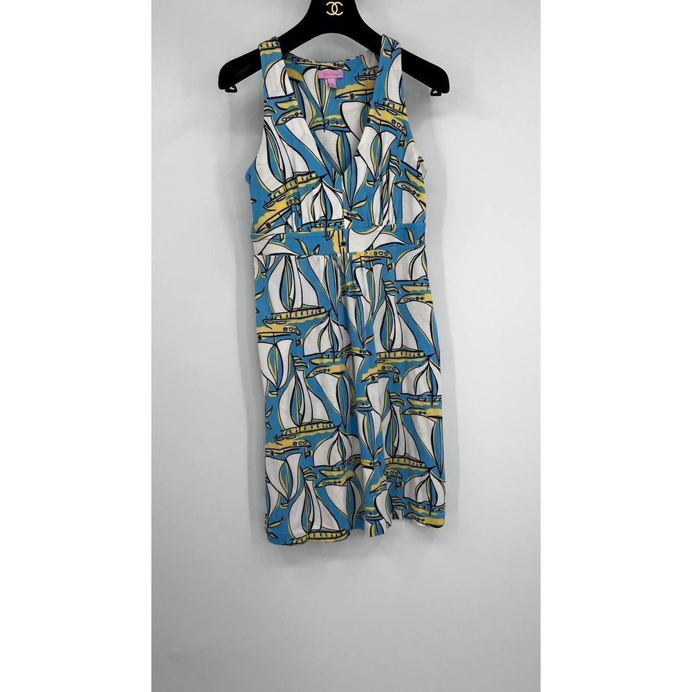 LILLY PULITZER Sail Boat Summer V-neck Cotton Silk Dress SMALL